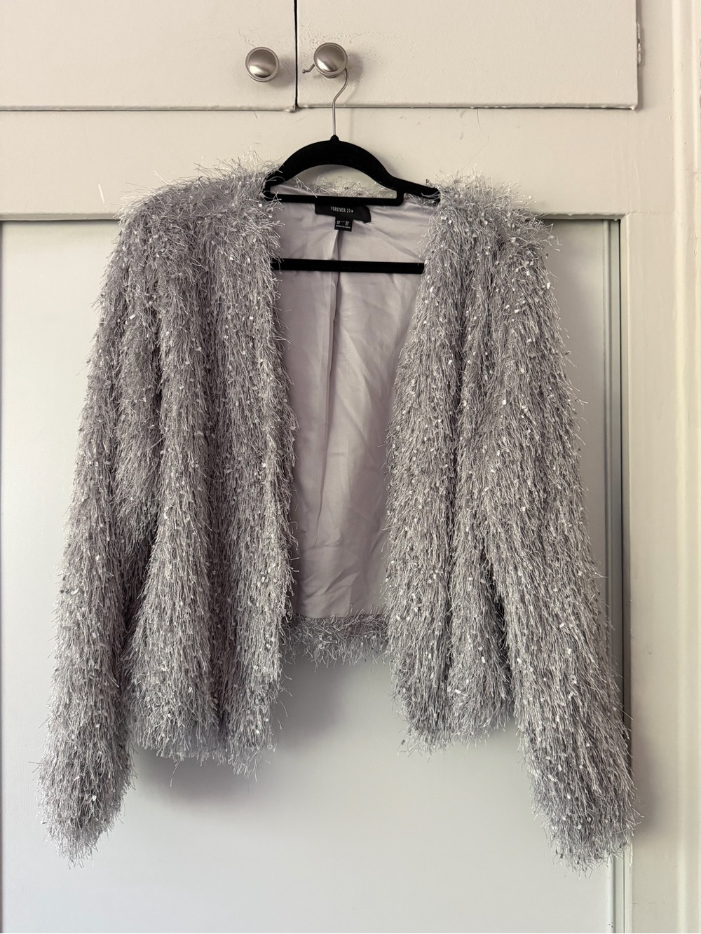 Forever 21 Silver Shaggy Open-Front Cardigan